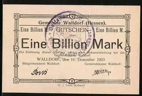 Notgeld Walldorf 1923, Eine Billion Mark, Gutschein der Gemeinde Walldorf, Hessen