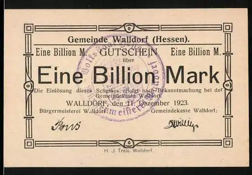 Notgeld Walldorf 1923, Eine Billion Mark, Gutschein der Gemeinde Walldorf (Hessen) vom 11. Dezember 1923