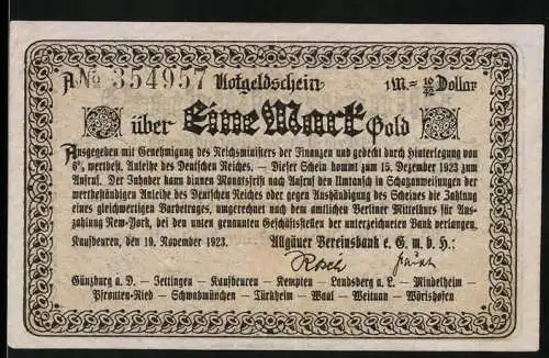 Notgeld Kaufbeuren 1923, 1 Mark Gold, Allgäuer Milchgeld und Reichsministerium für Finanzen