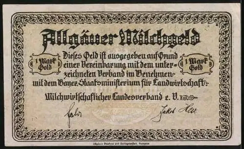 Notgeld Kaufbeuren 1923, 1 Mark Gold, Allgäuer Milchgeld und Reichsministerium für Finanzen