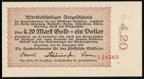 Notgeld Arnsberg, 1923, 4.20 Mark Gold, Wertbeständiger Notgeldschein der Handelskammer für das südöstliche Westfalen