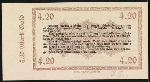 Notgeld Arnsberg, 1923, 4.20 Mark Gold, Wertbeständiger Notgeldschein der Handelskammer für das südöstliche Westfalen