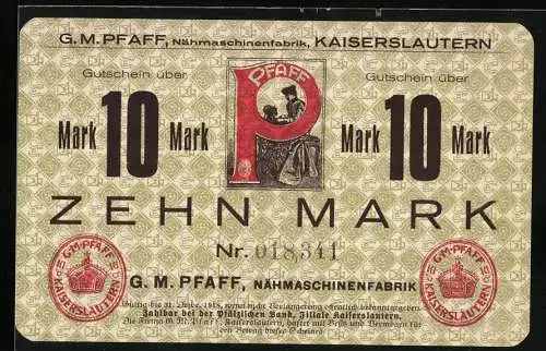Notgeld Kaiserslautern, 1918, 10 Mark, G.M. Pfaff Nähmaschinenfabrik Gutschein, Rot und Grün, Seriennummer 018311
