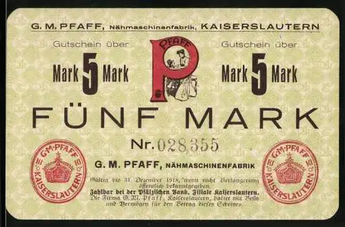 Notgeld Kaiserslautern, 1918, 5 Mark, Gutschein der Nähmaschinenfabrik G.M. Pfaff, Nr. 028355