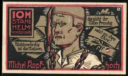 Notgeld Hamburg, 10 Mark, Der Stahlhelm Bund der Frontsoldaten, Werbeschatz, Soldaten und Texten über Ehre und Arbeit
