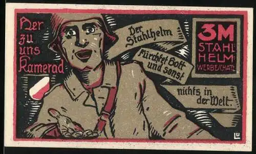 Notgeld Hamburg, 3 Mark, Der Stahlhelm Bund der Frontsoldaten, Werbeschatz, Soldat & Schmied