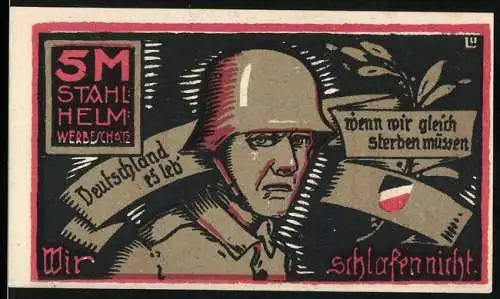 Notgeld Hamburg, 5 Mark, Der Stahlhelm Bund der Frontsoldaten, Werbeschatz, Schmied & Soldat