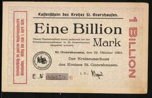 Notgeld St. Goarshausen 1923, 1 Billion Mark, Kassenschein des Kreises St. Goarshausen, gültig bis 1. April 1924