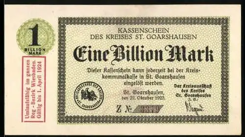 Notgeld St. Goarshausen, 1923, 1 Billion Mark, Kassenschein des Kreises St. Goarshausen gültig bis 1. April 1924