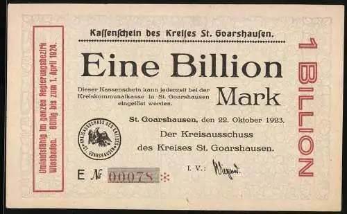 Notgeld St. Goarshausen 1923, 1 Billion Mark, Kassenschein des Kreises St. Goarshausen, gültig bis 1. April 1924