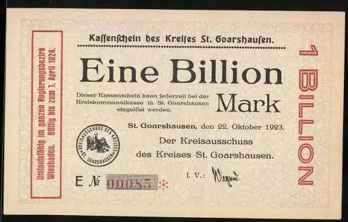 Notgeld St. Goarshausen 1923, 1 Billion Mark, Kassenschein des Kreises St. Goarshausen, gültig bis 1. April 1924