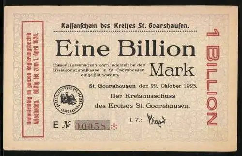 Notgeld St. Goarshausen 1923, Eine Billion Mark, Kassenschein des Kreises St. Goarshausen, gültig bis 1. April 1924