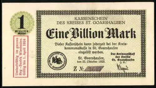 Notgeld St. Goarshausen 1923, 1 Billion Mark, Kassenschein des Kreises St. Goarshausen, gültig bis 1. April 1924