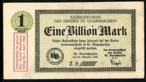 Notgeld St. Goarshausen 1923, 1 Billion Mark, Kassenschein des Kreises St. Goarshausen, gültig bis 1. April 1924
