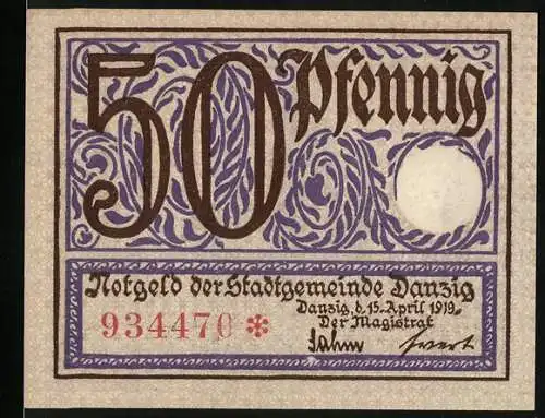 Notgeld Danzig 1919, 50 Pfennig, Seriennummer 934470, Stadtansicht und Text