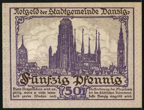 Notgeld Danzig 1919, 50 Pfennig, Seriennummer 934470, Stadtansicht und Text