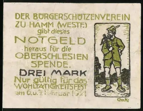 Notgeld Hamm 1921, 3 Mark, Wohltätigkeitsfest für die Oberschlesien-Spende mit Illustration, Bürgerschützenverein