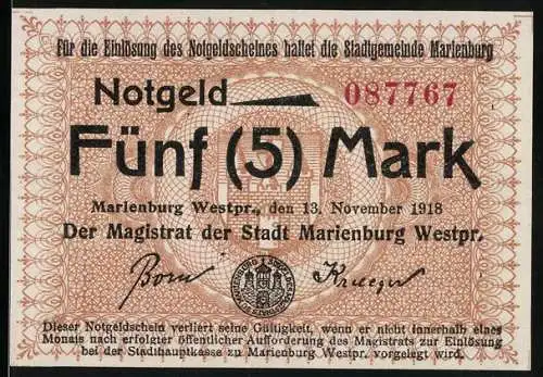 Notgeld Marienburg, 1918, Fünf (5) Mark, Stadtgemeinde Marienburg Westpr. vom 13. November 1918, Seriennummer 087767