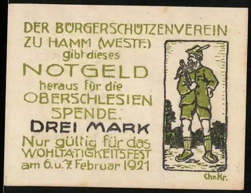 Notgeld Hamm, 1921, Drei Mark, für das Wohltätigkeitsfest und die Oberschlesien-Spende, Bürgerschützen-Verein