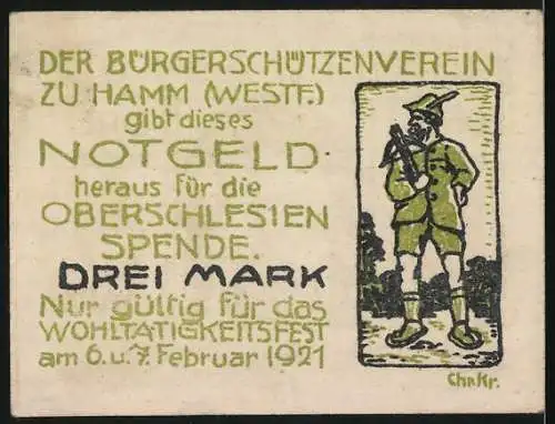 Notgeld Hamm (Westf.), 1921, Drei Mark, Oberschlesien-Spende, Burgerschützenverein, Wohltätigkeitsfest