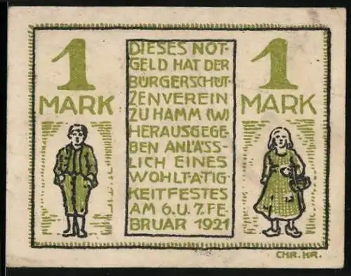 Notgeld Hamm 1921, 1 Mark, Bürgerschützenverein und Arme Kinder-Spende Illustrationen