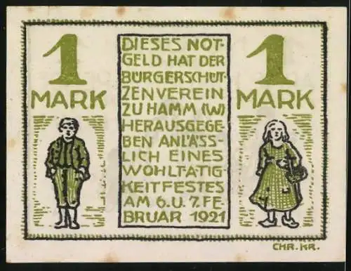 Notgeld Hamm, 1921, eine Mark, Arme Kinder-Spende, Wohltätigkeitsfest, Bürgerschützenverein