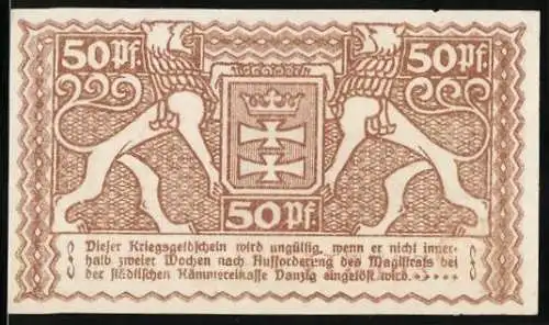 Notgeld Danzig 1918, 50 Pfennig, Wappen und Gebäudeansicht