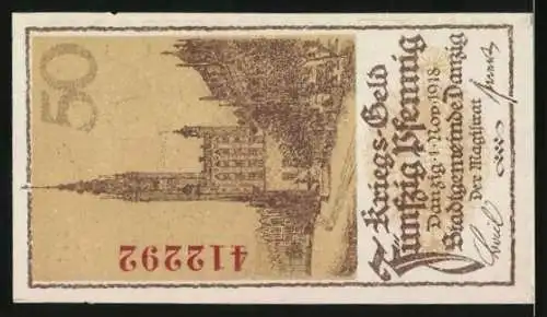 Notgeld Danzig 1918, 50 Pfennig, Wappen und Gebäudeansicht