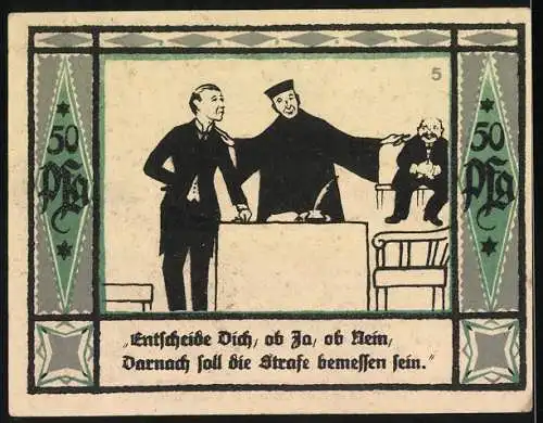 Notgeld Mülsen St. Jacob 1921, 50 Pfennig, zwei Löwen mit Wappen und Justizszene mit Text