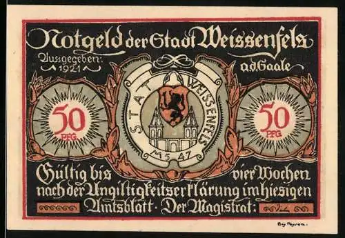 Notgeld Weissenfels 1921, 50 Pfennig, Stadtwappen und historische Motive mit Reitersiegel