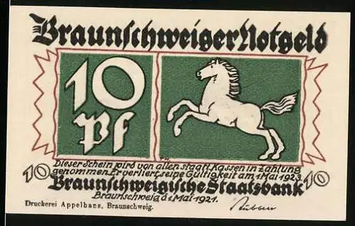 Notgeld Braunschweig 1921, 10 Pf, Pferd und Stadtansicht mit Spruch Brunswyk du leiwe Stadt