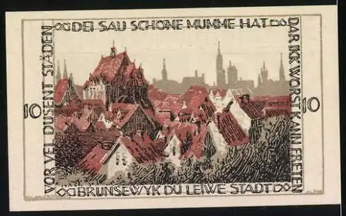 Notgeld Braunschweig 1921, 10 Pf, Pferd und Stadtansicht mit Spruch Brunswyk du leiwe Stadt