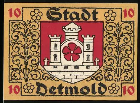 Notgeld Detmold, 1920, 10 Pfennig, Stadtwappen mit Burg und Blume, Ausgabedatum August 1920