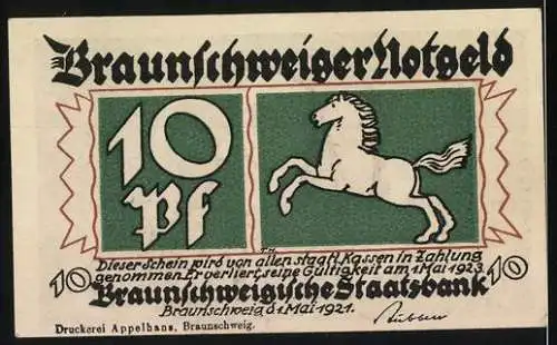 Notgeld Braunschweig 1921, 10 Pfennig, Eulenspiegel mit Eule, Pferd und Schriftzug Braunschweigische Staatsbank