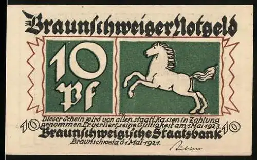 Notgeld Braunschweig 1921, 10 Pf, springendes Pferd und Stadtansicht