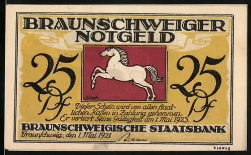 Notgeld Braunschweig 1921, 25 Pf, Braunschweigische Staatsbank mit Pferd und Burgplatz-Ansicht