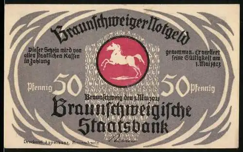 Notgeld Braunschweig 1921, 50 Pfennig, Braunschweigische Staatsbank mit Stadtansicht und Figuren