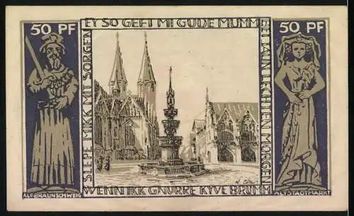 Notgeld Braunschweig 1921, 50 Pfennig, Braunschweigische Staatsbank mit Stadtansicht und Figuren