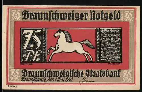 Notgeld Braunschweig, 1921, 75 Pf, springendes Pferd und ländliche Szene mit Person und König