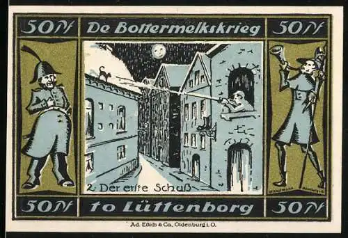 Notgeld Lütjenburg, 1921, 50 Pfennig, De Bottermelkskrieg - Szene mit Schützen und Hörnerbläser