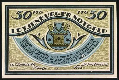 Notgeld Lütjenburg, 1921, 50 Pfennig, De Bottermelkskrieg - Szene mit Schützen und Hörnerbläser