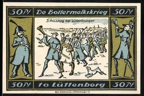 Notgeld Lütjenburg, 1921, 50 Pfennig, De Bottermelkskrieg 3. Auszug der Lütjenbörger, Stadtwappen