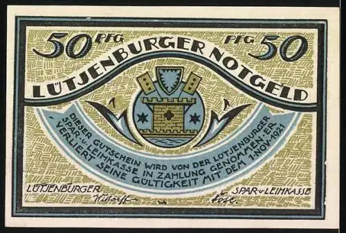 Notgeld Lütjenburg, 1921, 50 Pfennig, De Bottermelkkrieg: Die Dänen kommen, Stadtwappen und Gültigkeitshinweis