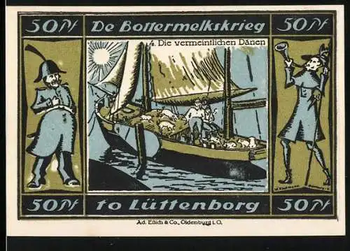 Notgeld Lütjenburg 1921, 50 Pfennig, De Bottermelkskrieg Die vermeintlichen Dänen, Segelschiff mit Figuren