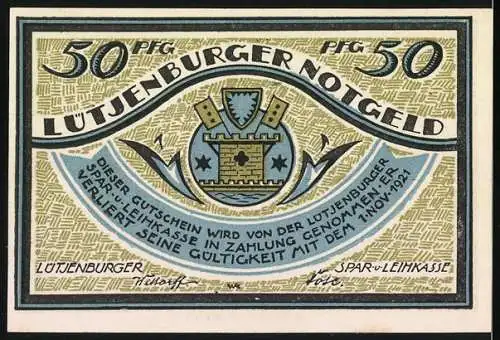 Notgeld Lütjenburg 1921, 50 Pfennig, De Bottermelkskrieg Die vermeintlichen Dänen, Segelschiff mit Figuren