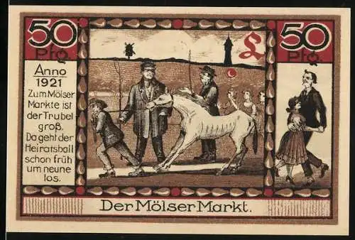 Notgeld Hohenmölsen 1921, 50 Pfennig, Der Mölser Markt mit städtischer Silhouette und Wappen