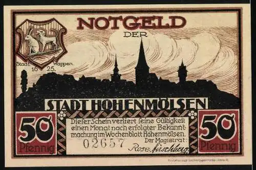 Notgeld Hohenmölsen 1921, 50 Pfennig, Der Mölser Markt mit städtischer Silhouette und Wappen