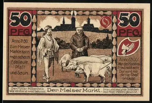 Notgeld Hohenmölsen, 1925, 50 Pfennig, Der Melser Markt mit Stadtwappen und Silhouette der Stadt