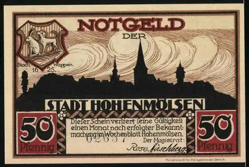 Notgeld Hohenmölsen, 1925, 50 Pfennig, Der Melser Markt mit Stadtwappen und Silhouette der Stadt