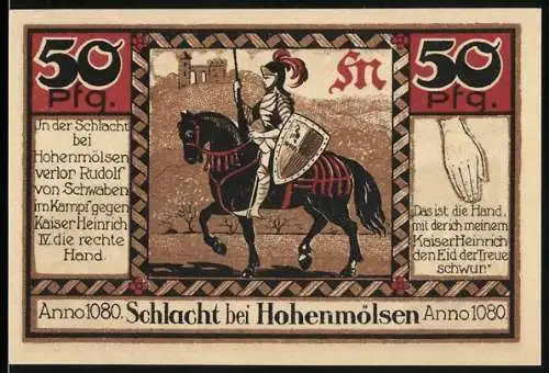 Notgeld Hohenmölsen 1925, 50 Pfennig, Schlacht bei Hohenmölsen Anno 1080, Ritter auf Pferd, Stadtwappen und Skyline